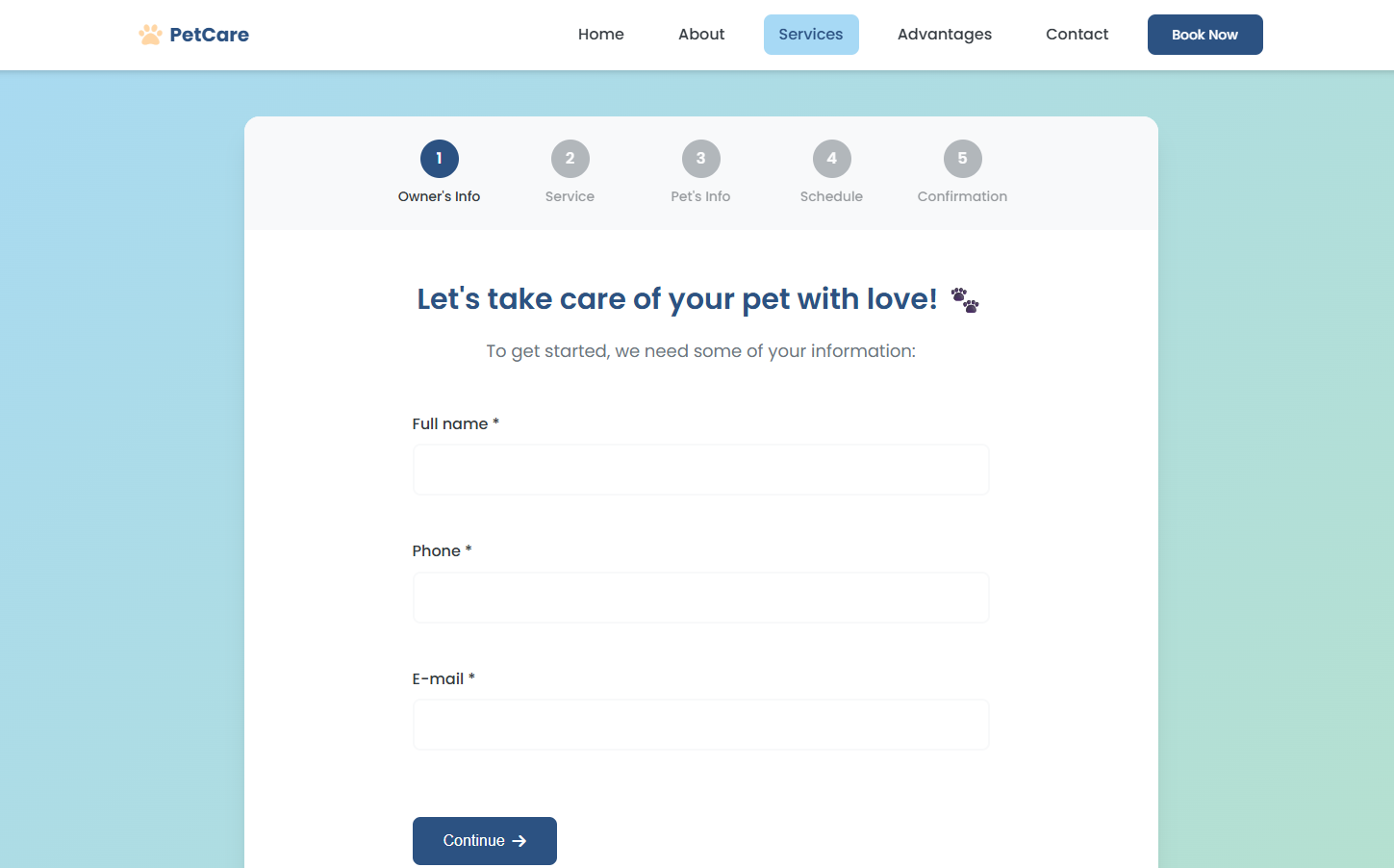 Screenshot of the PetCare Booking Process